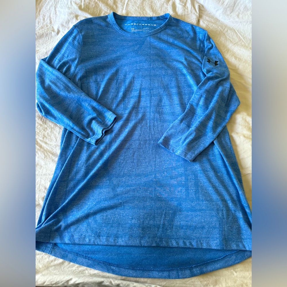 Under Armour UA Heatgear 3/4 Sleeve Blue Shirt Moisture Wicking Blue Large